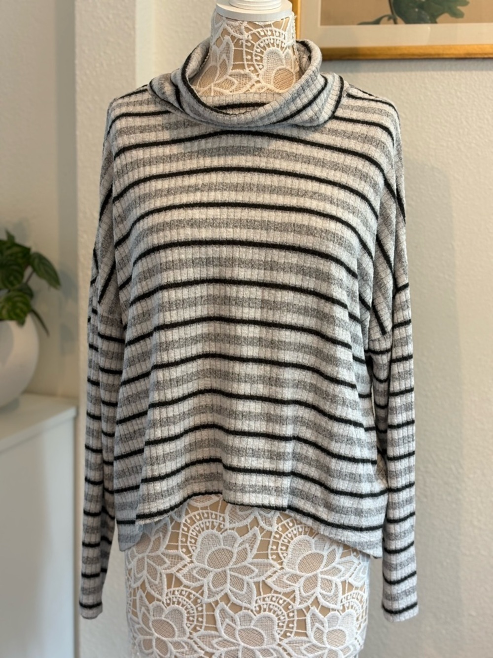 Anthropologie Striped Cozy Drop-Shoulder Turtleneck Long Sleeve Top-size L